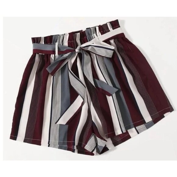 High Waisted Striped Belted Paperboy Stretchy Lightweight Shorts - Picture 1 of 7